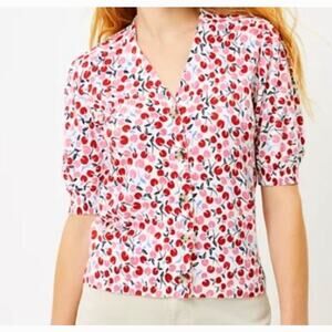 Loft Cherry Print V-Neck Button Down Cardigan Sweater White Red Pink Size Large